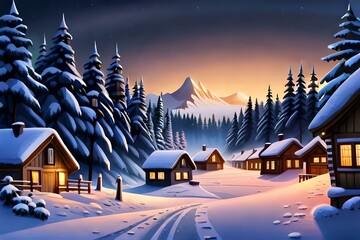 Winter landscape with small houses and snow, created with Generative AI