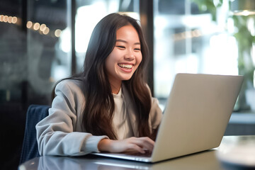 Happy Asian girl in formal office attire working joyfully on her laptop in a modern and cozy office setting. generative AI.