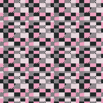 checkered pattern in white, black, and pastel pink