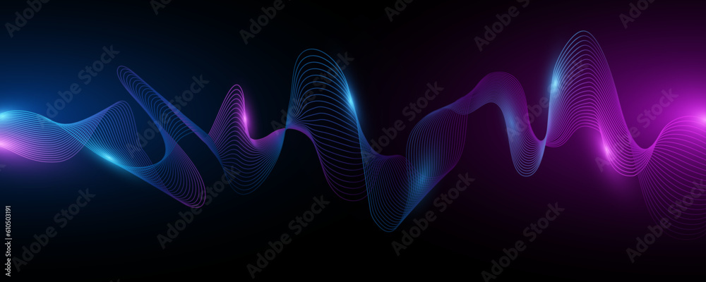 Poster abstract flowing smooth glowing wavy form on dark background. dynamic sound wave with light effect. 
