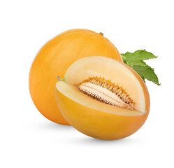 Fresh Cantaloupe with leaves isolated on transparent background (.PNG)