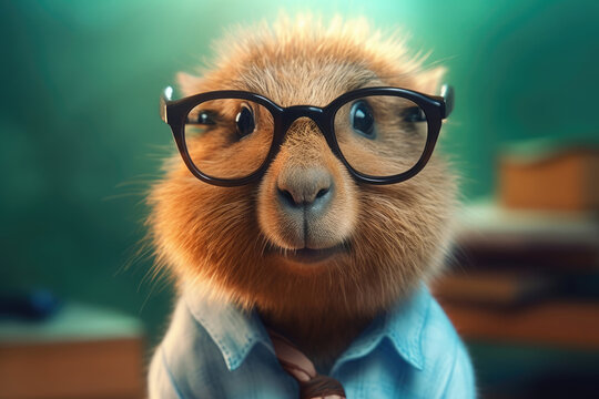 Portrait of a cute young capibara wearing a shirt and glasses, Generative AI