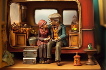 the figurine of two elderly couples sitting in vintage train carriage, in the style of romantic graffiti