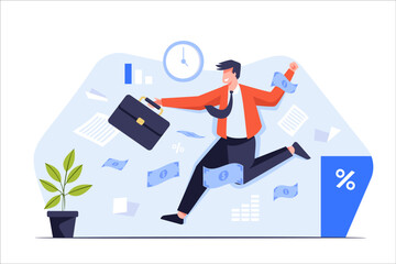 Business concept illustrations. The business man's success scene jumps among the money and paperwork.