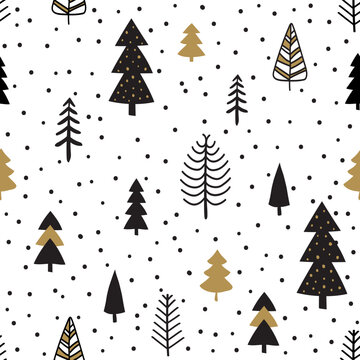 Beautiful seamless repeat pattern with black and gold Christmas trees on white background. Festive Christmas wallpaper, wrapping paper, print for fabric and wall.