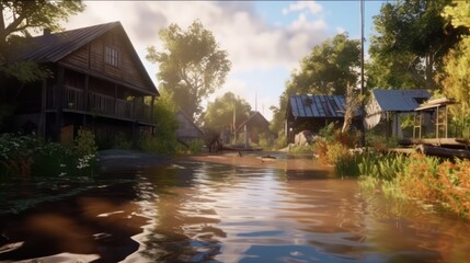 Fototapeta premium high water in the village.Flooding of houses and villages. Generative AI