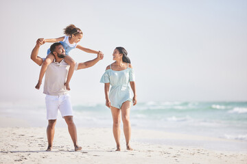 Holding hands, beach or parents walking with a girl for a holiday vacation together with happiness. Piggyback, mother and father playing or enjoying family time with a happy child or kid in summer