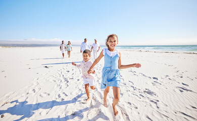 Big family, sea or happy kids holding hands, running or smiling in summer with happiness or joy in...