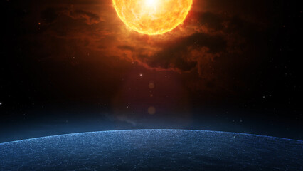 Artistic sun with planet in the universe illustration background.