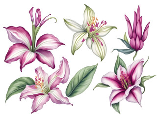 set of watercolor lily on transparent background, generative ai