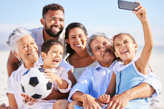 Big family, grandparents or happy kids take a selfie at beach bonding together on holiday in Mexico. Social media, mom or grandfather relaxing with grandmother or children siblings taking pictures