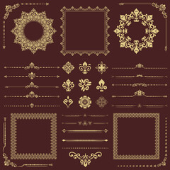 Vintage set of horizontal, square and round elements. Different elements for backgrounds, frames and monograms. Classic brown and golden patterns. Set of vintage golden patterns