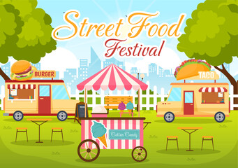 Street Food Festival Event Vector Illustration with People and Foods Trucks in Summer Outdoor City Park in Flat Cartoon Hand Drawn Templates
