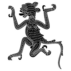 Fototapeta premium Stylized jaguar with talons and his tongue out. Native American art of Aztec Indians. From Mexican codex. Black and white negative silhouette.