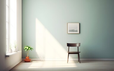 Blank wall in living room interior made with floor, chair, painting, flower plant .3d rendering