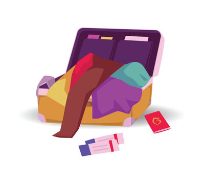 Messy suitcase with scattered clothes, passport and tickets - flat vector illustration isolated on white background.