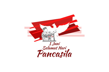 Translation: June 1, Happy Pancasila Day (1 Juni, selamat hari Pancasila) vector illustration. Suitable for greeting card, poster and banner. 