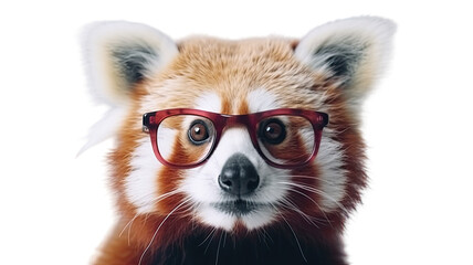 close-up of a red panda wearing small glasses isolated on a transparent background