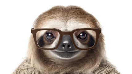 close-up of a sloth wearing small glasses isolated on a transparent background