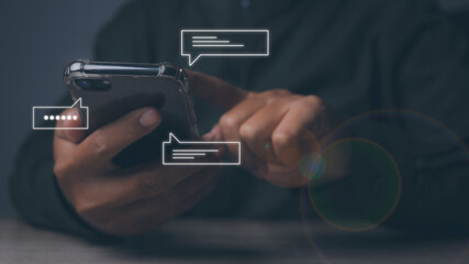 Man using smartphone with social media to interactions icon on internet post.