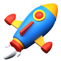 Spaceship rocket. Toy rocket upswing ,spewing smoke. Startup, space, business concept. 3d vector icon. Cartoon minimal style.