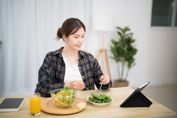 Asian woman dieting Weight loss eating fresh fresh homemade salad healthy eating concept