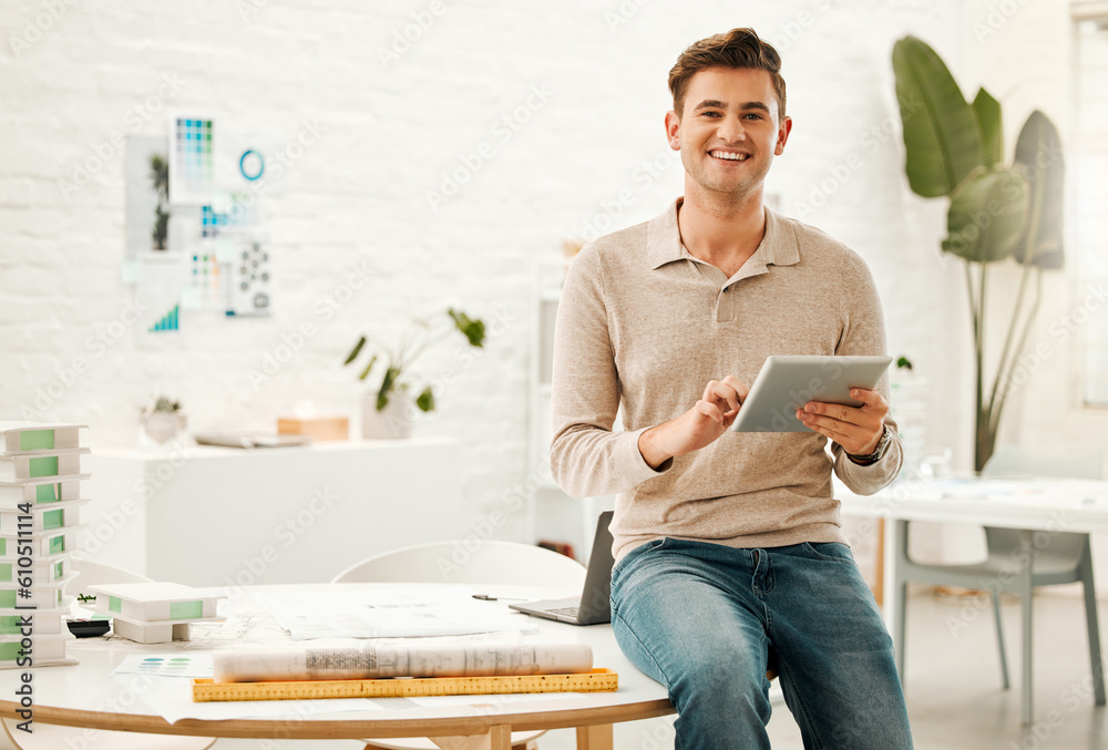 Poster architecture, tablet and portrait of business man in office for engineering, internet and buildings.