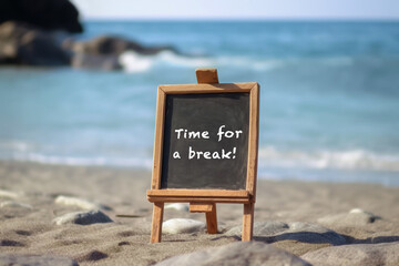 Chalkboard on a beautiful beach with text "Time for a break" on it - Created with generative AI - Composed and enhanced by the artist