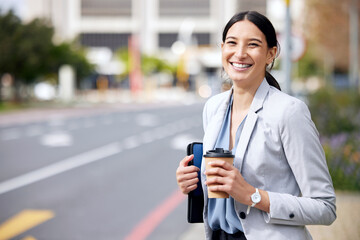 Business woman in street, travel with coffee in portrait, smile on commute with mockup space and outdoor. Female professional in urban street, happy with hot drink and person traveling to work