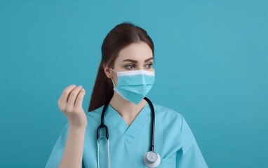 Nurse with stethoscope, wearing a face mask stands on blue background created with Generative AI technology. Nurse day

