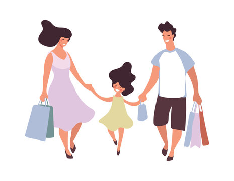 Family shopping illustration, happy people in the store, dad, mom and daughter walking with carry bags, flat vector cartoon illustration isolated on white background.