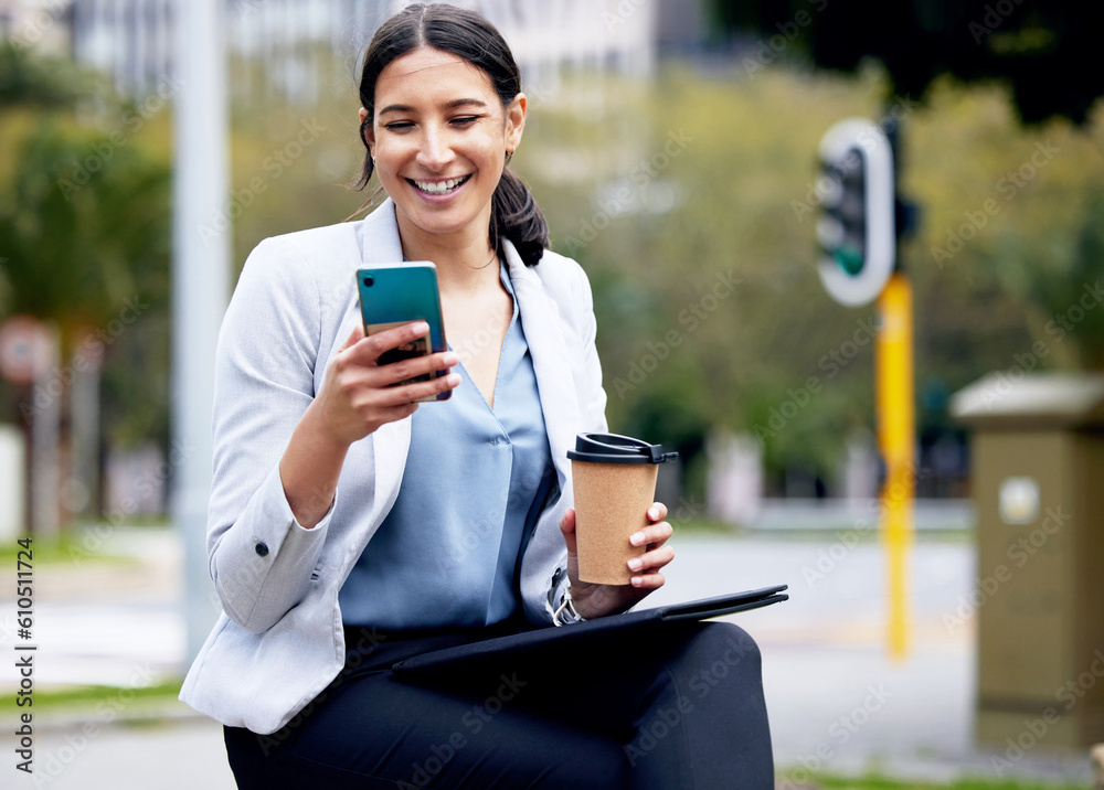 Canvas Prints Business woman, coffee break and city with phone for contact, communication or smile at meme on social media. Happy female worker outdoor, travel with online chat and relax with drink, mobile or tech