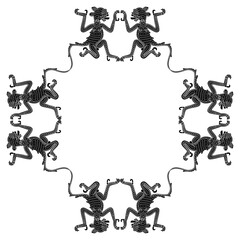 Rectangular animal frame with fantastic jaguars. Native American art of Aztec Indians. From Mexican codex. Black and white negative silhouette.