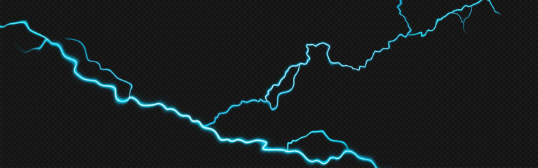 Realistic lightning bolt isolated on transparent background. Vector illustration of neon turquoise crack, electric discharge on dark sky, thunderstorm flash light effect, stormy weather, power strike
