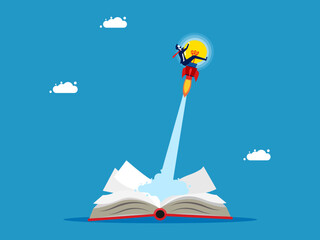 Fototapeta na wymiar Learning never ends. Businessman flying with a light bulb flying out of a book vector