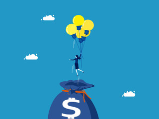 Financial knowledge and investment. Businesswoman flying with light bulb balloon out of money bag vector