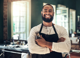 Barber shop, hair stylist smile and black man portrait of an entrepreneur with beard trimmer. Salon, professional worker and male person face with happiness from small business and beauty parlor - Powered by Adobe
