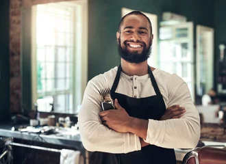 Stickers pour porte Salon de beauté Barber shop, hair stylist smile and black man portrait of an entrepreneur with beard trimmer. Salon, professional worker and male person face with happiness from small business and beauty parlor