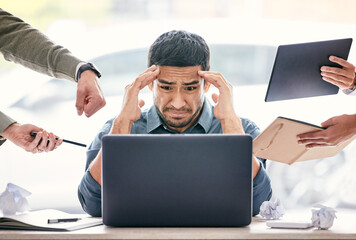 Stress, headache and chaos of man on computer in burnout, anxiety or mental health crisis, mistake and fail. Depression, brain fog and manager for time management, business questions and people hands - obrazy, fototapety, plakaty