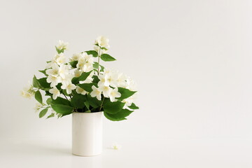 Ceramic vase with jasmine flowers on white table . Copy space. Aesthetic interior accessories. 