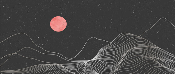 Illustrations of Mountain line art landscape. Creative minimalist modern line art pattern. Abstract contemporary aesthetic backgrounds landscapes. with Mountain, hill and red moonlight