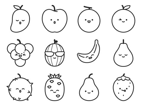 Kawaii Fruits Vector Icon Cartoon Illustration Cute Fruits Character Black Color Fruits Character Kawaii for Kids and Magnetic Patch Cute with Outline Vector Icon Pack Kawaii Fruits Cutie and Funny