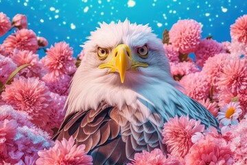 Bald eagle and pink chrysanthemum flower background. Created with Generative AI tools