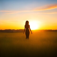 Silhouette of a woman at sunset in a field