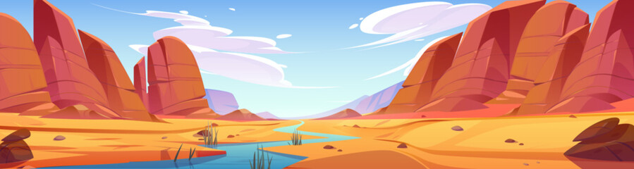 River in rock canyon desert cartoon landscape background. Dry sand land and hot mountain in national utah park with boulder stone. Ancient cliff formation near water panoramic summer illustration.