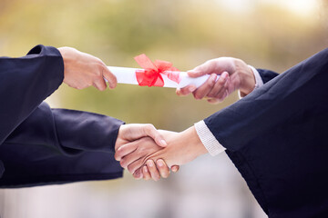 Giving, diploma and people handshake in graduation success, congratulations or thank you. University students, graduate or person shaking hands for certificate, award and scholarship event in closeup - obrazy, fototapety, plakaty