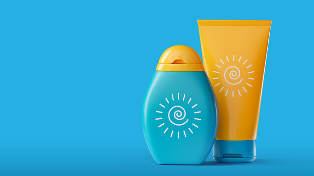Sunscreen bottle with spf cream and after sun lotion on blue background with copy space. Protection for the skin from solar ultraviolet light. Summer, holiday banner, template. 3D render