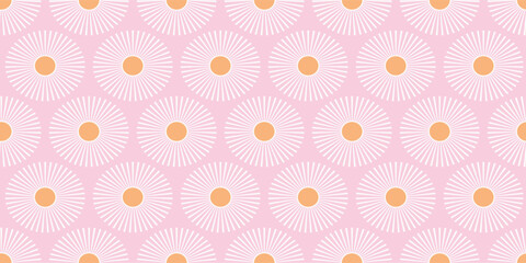 Sunshine background border vector. Boho pink trendy nature sun seamless repeat pattern design banner.