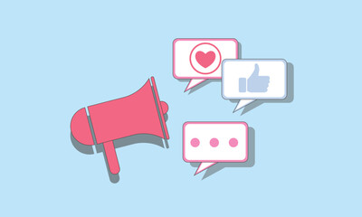 Megaphone with flying icon in bubbles.