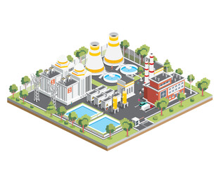 Isometric Nuclear Power Plant. Clean Energy. Generate Electricity. Exterior View of Nuclear Reactor.